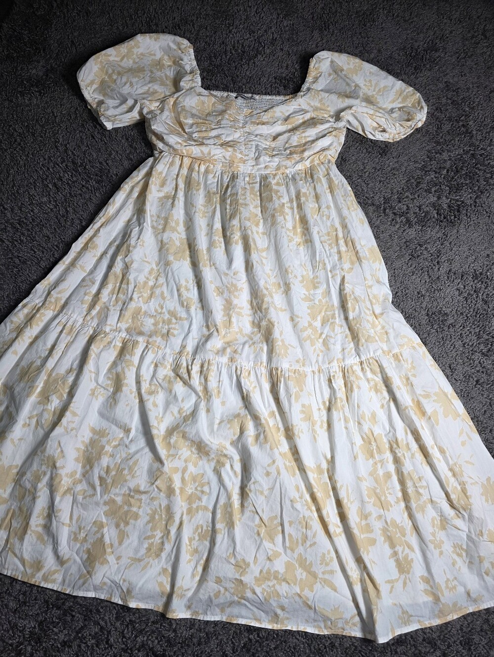Woolworths White/Beige Floral Smocked Square Neck Puff Sleeve Midi Dress L